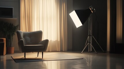 Cozy interior room with armchair and soft lighting from studio equipment for modern lounge or home decor concept
