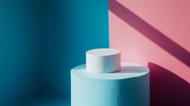 Blue and pink geometric platform with cylinder and light shadows for product mockup or abstract branding design