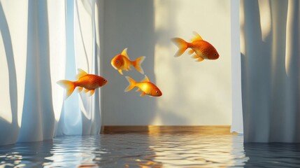 Three goldfish swimming in water with natural light near curtain for peaceful aquarium or zen concept design