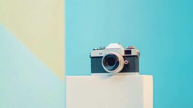 Vintage blue camera on white platform with pastel background for travel photography or creative nostalgia concept