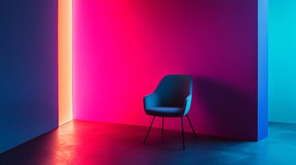 Single chair in corner of neon lit room with purple and pink ambiance for modern creative interior design concept