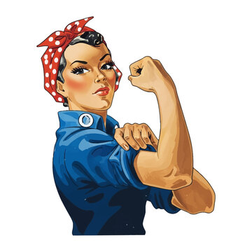 Rosie the Riveter: A powerful illustration of a woman flexing her bicep, embodying strength, determination, and the spirit of female empowerment, representing a symbol of resilience and dedication.