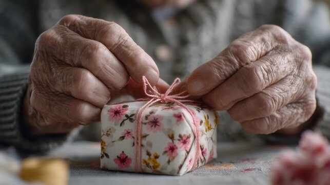 Elderly hands delicately wrap a small floral gift with pink string, highlighting care and craftsmanship.