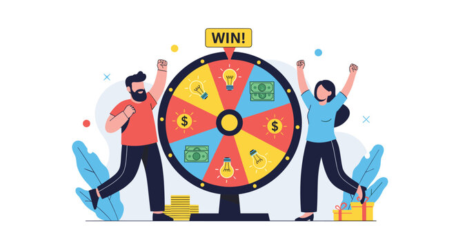 Excited people celebrating winning prize on a spinning wheel with money and ideas symbols during a fun game or lucky draw