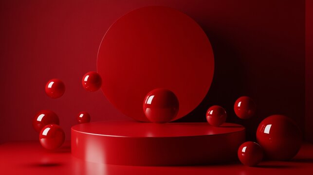 Monochrome red abstract geometric shapes and spheres for minimal background, artistic expression or bold design concept
