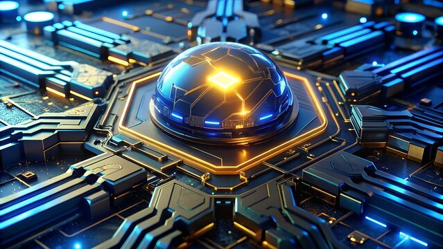 Futuristic technology concept with a glowing globe on a complex circuit board - Powered by Adobe