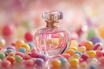 Elegant Perfume Bottle Surrounded by Colorful Candy and Soft Pastel Background