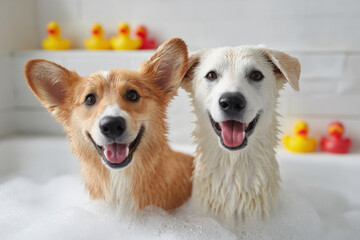 two adorable dogs splashing joyfully in bathtub filled with bubbles and water their fur glistening