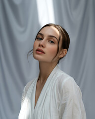 Serene portrait of a young woman with soft lighting and flowing fabric