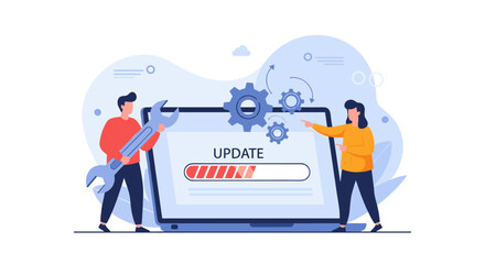 Two people working together to update a laptop with a progress bar indicating the ongoing process