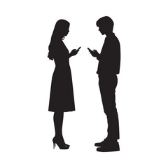 Silhouette illustration featuring two people standing and facing each other while holding smartphones.