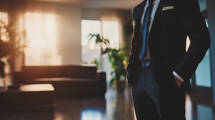 Stylish businessman in suit standing in modern lobby for corporate lifestyle branding or executive interior office imagery