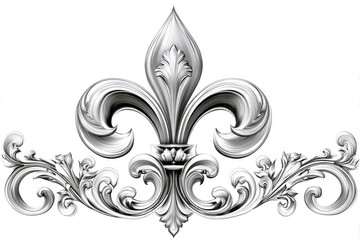Ornate silver fleur-de-lis design with decorative scrollwork
