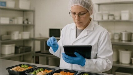 Food scientist in lab coat and gloves using digital tablet to inspect packaged meals, ensuring quality and safety standards - Powered by Adobe