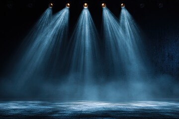 Stage lit by four spotlights, creating a dramatic, blue-toned atmosphere