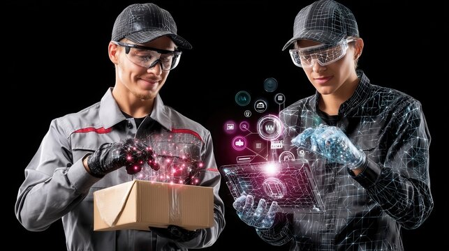 Two men wearing safety glasses and gloves interact with a smart package and a digital holographic interface, symbolizing advanced technology and futuristic logistics.