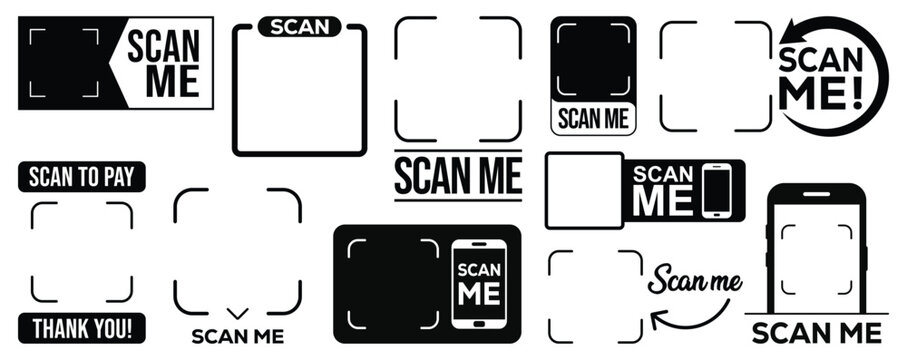 Set of black and white QR code icons in various styles and layouts, including frames, banners, and phone scan symbols. Flat, minimalist design on white background, clean and organized layout.