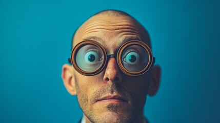 Funny bald man with huge round glasses making silly surprised face on colorful blue background humor photography portrait