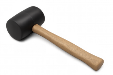 Black rubber mallet with wooden handle lying flat, showcasing durable construction against clean transparent surface