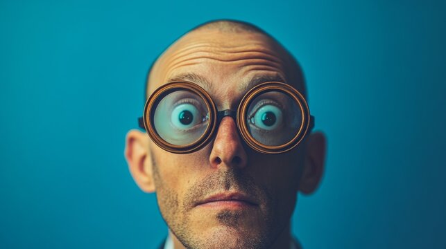 Funny bald man with huge round glasses making silly surprised face on colorful blue background humor photography portrait