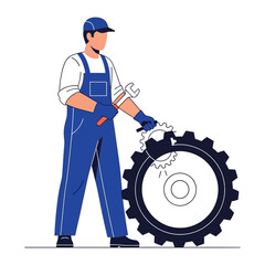 Mechanic in Action: A skilled mechanic diligently repairs a large gear, the illustration portraying precision and expertise in a blue-toned work setting.