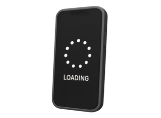 Modern smartphone displaying a circular loading indicator and the word loading on its screen isolated on transparent background