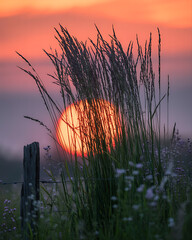 Golden sunset through tall grass and wildflowers with rustic fence post