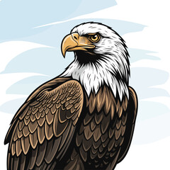 Fototapeta premium Majestic bald eagle illustration with detailed feathers and a determined gaze, set against a light blue sky.