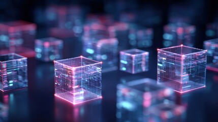 A mesmerizing arrangement of translucent cubes illuminated by vibrant neon lights, creating an abstract digital landscape full of depth and color.