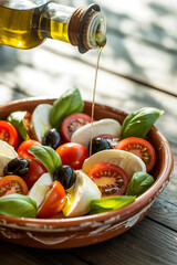 Fresh caprese salad being drizzled with olive oil on a rustic wooden table
