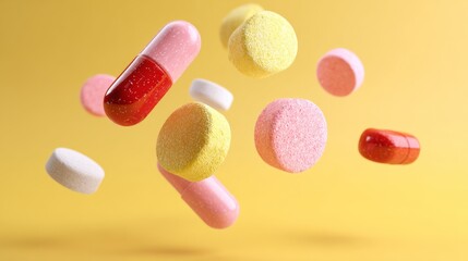Floating colorful medicine and vitamin capsules on yellow background for pharmaceutical supplement product advertisement concept photography