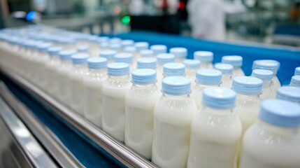 Fototapeta premium Plastic bottles on production conveyor line in factory for industrial packaging beverage product branding dairy manufacturing visuals concept