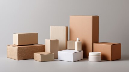 Obraz premium Group of cardboard boxes with containers and candles for packaging branding skincare minimalist product commercial layout photography design