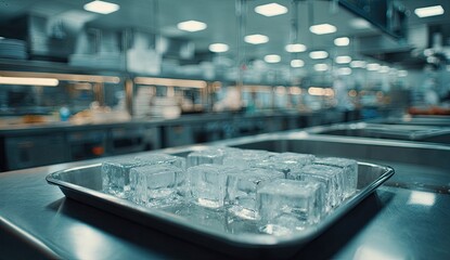Ice cubes on tray in commercial kitchen