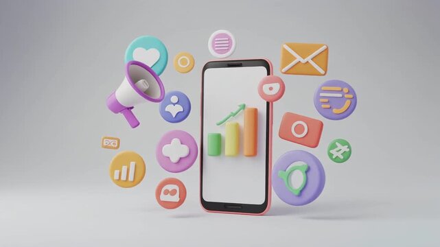 3D floating marketing icons around smartphone, symbolizing digital marketing and brand growth.