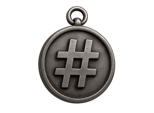 A rustic weathered metal medallion featuring a prominent hashtag symbol symbolizing social media trends and online communication isolated on transparent background