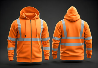 Bright orange high visibility full zip hoodie with reflective strips front and back. Essential safety apparel for workers in low light conditions outdoor activities