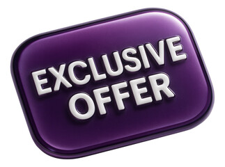 Glossy purple rectangular sticker with EXCLUSIVE OFFER text in bold lettering, enticing retail promotion offer on transparent background.
