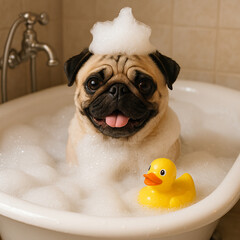 Mops in der Badewanne mit Schaumkrone und Quietscheente