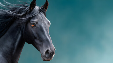 Majestic black horse with flowing mane stands gracefully against a soft gradient background, showcasing its beauty and elegance in a serene atmosphere. Selective focus