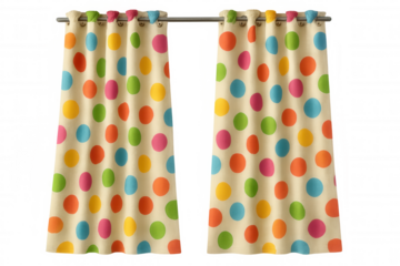 Polka dot curtains bringing whimsical pattern, colorful fabric hanging with bright graphic design elements on transparent backdrop