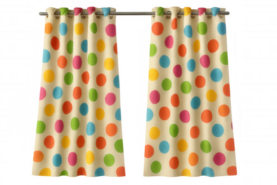 Polka dot curtains bringing whimsical pattern, colorful fabric hanging with bright graphic design elements on transparent backdrop