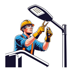 Technician at Work: A skilled technician meticulously repairs a modern streetlight with focused precision.