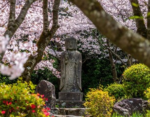 Buddha statue amidst cherry blossoms