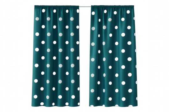 Teal curtains with white polka dots hanging on a transparent background, perfect for interior design or home decor projects