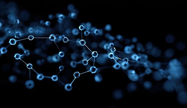 Abstract representation of molecular structure.  Dark background filled with a complex network of interconnected blue hexagonal molecules.  Detailed and ethereal
