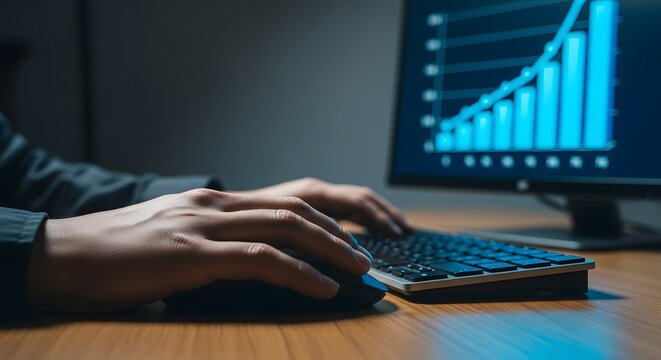 Close up of a businessman's hands using a computer mouse and keyboard to analyze a growing business graph on the monitor in a dark office. - Powered by Adobe