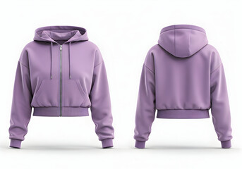 Chic lavender cropped zip hoodie front and back view perfect for activewear loungewear or streetwear designs. This casual top offers comfort and modern style.