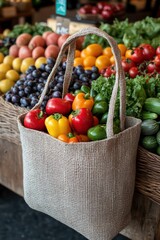 Farmer’s market stand with fresh produce and reusable vegetable tote.