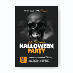 Horror Happy Halloween Celebration Night Party Invitation Poster with Scary Black Skull, Glowing Vector Illustration, Dark Background Flyer and Leaflet Design Template
